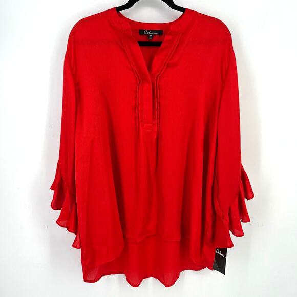 New Calessa Red Satin 3/4 Flutter Ruffle Sleeve Blouse Shirt Womens Plus Size 1X - Picture 1 of 5